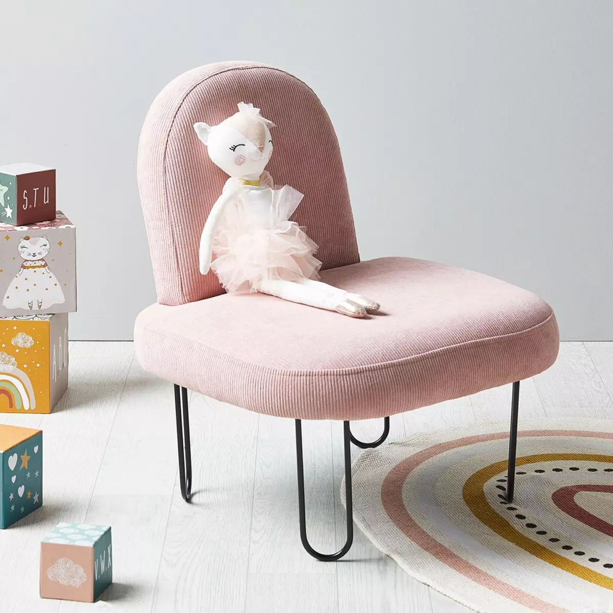 Fauteuil enfant velours Augustin Rose 1