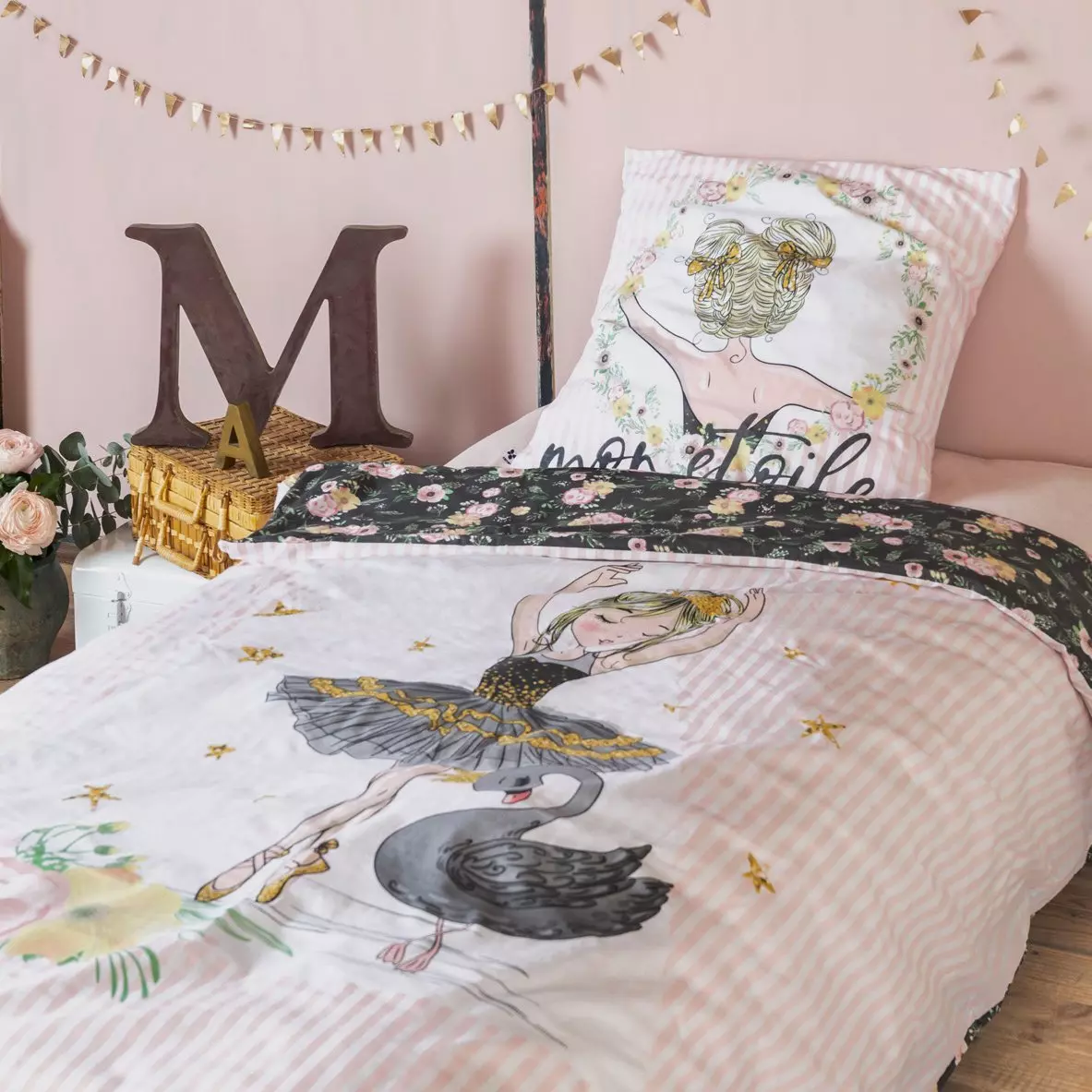 Dekbedovertrek en twee kussenslopen katoen (200 cm) Mon étoile Roze 2