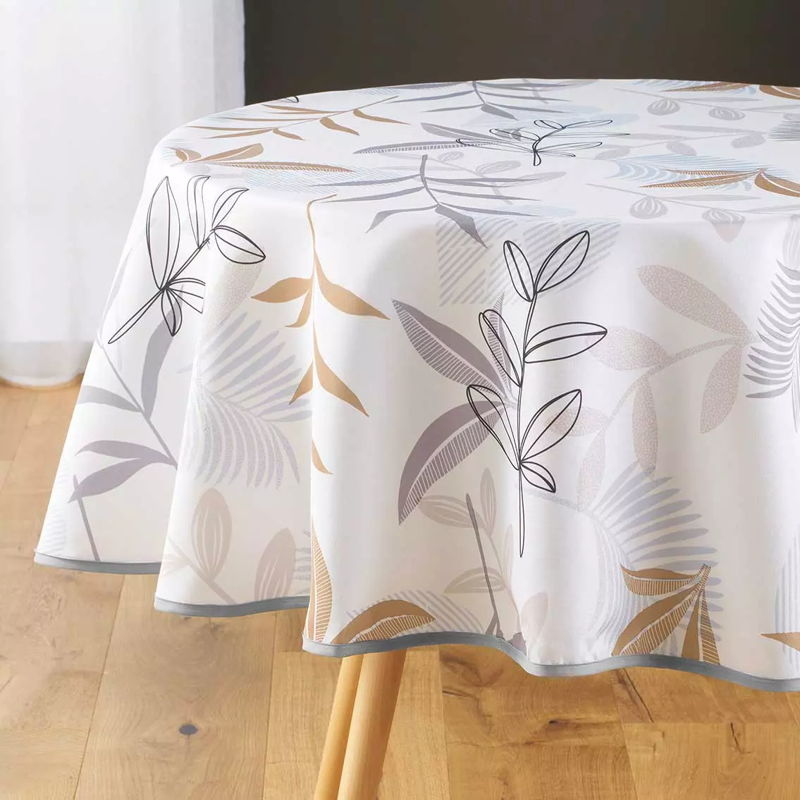 Rond Tafelkleed Gecoat 140 cm Palm Bladeren Beige kopen