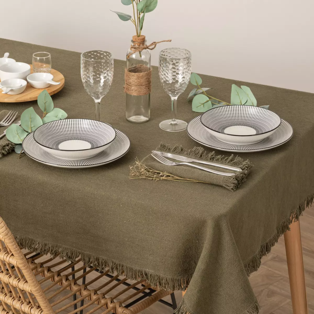 Nappe rectangulaire coton (L250 cm) Maha Vert kaki 1