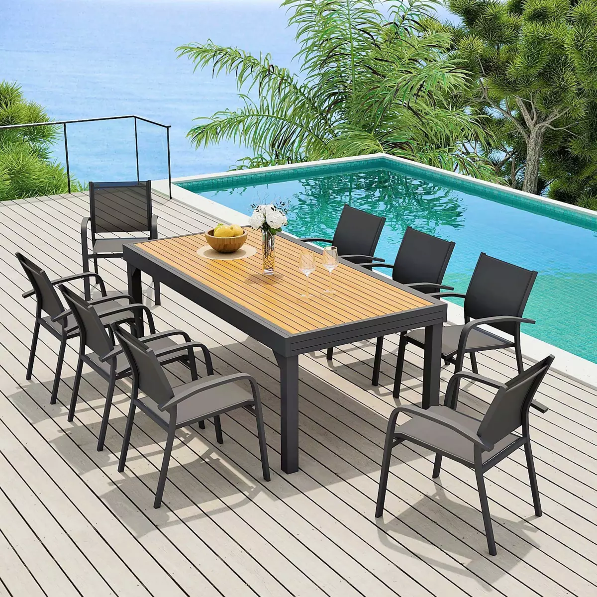 Table de jardin extensible 12 places Aluminium effet bois Murano (320 x 100 cm) - Gris anthracite 2