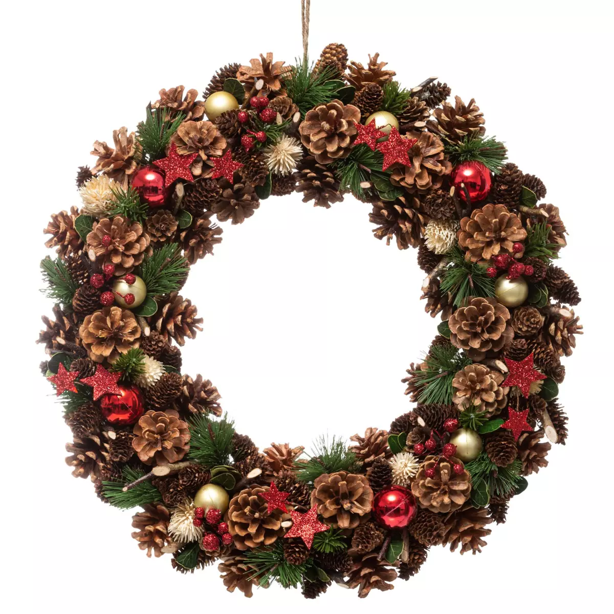 Versierde kerstkrans Hulst sterren rood 1