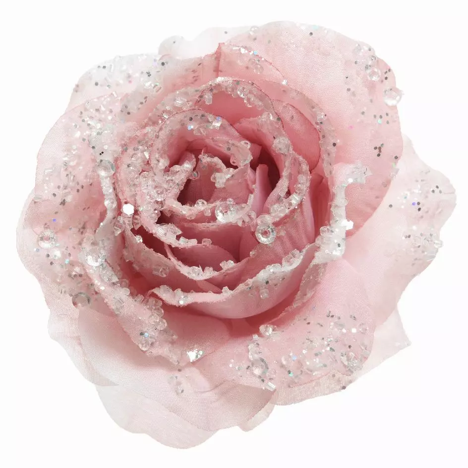 Fleur décorative sur pince pailletée Rose poudré 3