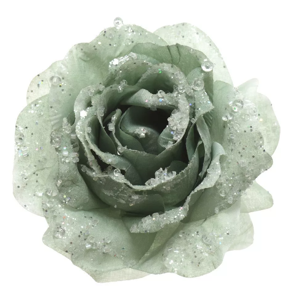 Fleur décorative sur pince pailletée (D14 cm) Vert sauge