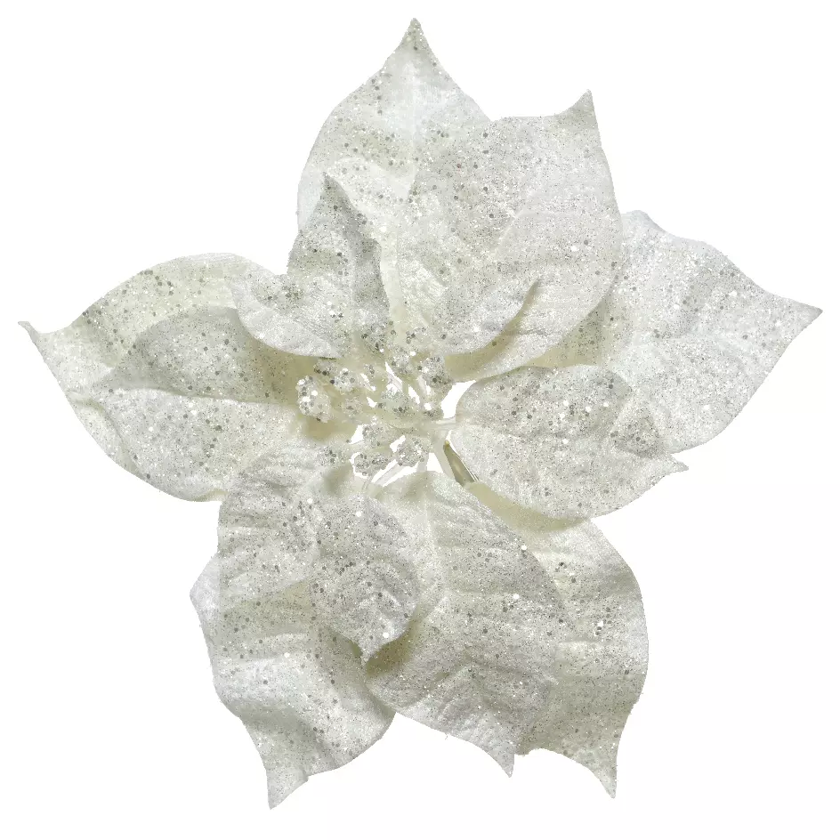 Poinsettia de Noël pailletée Glit (26 cm)  sur clip Blanc 1