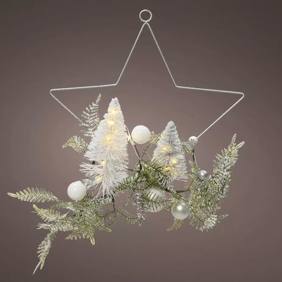 Kranz mit Lichtern in Sternform mit Tannen Silber 1