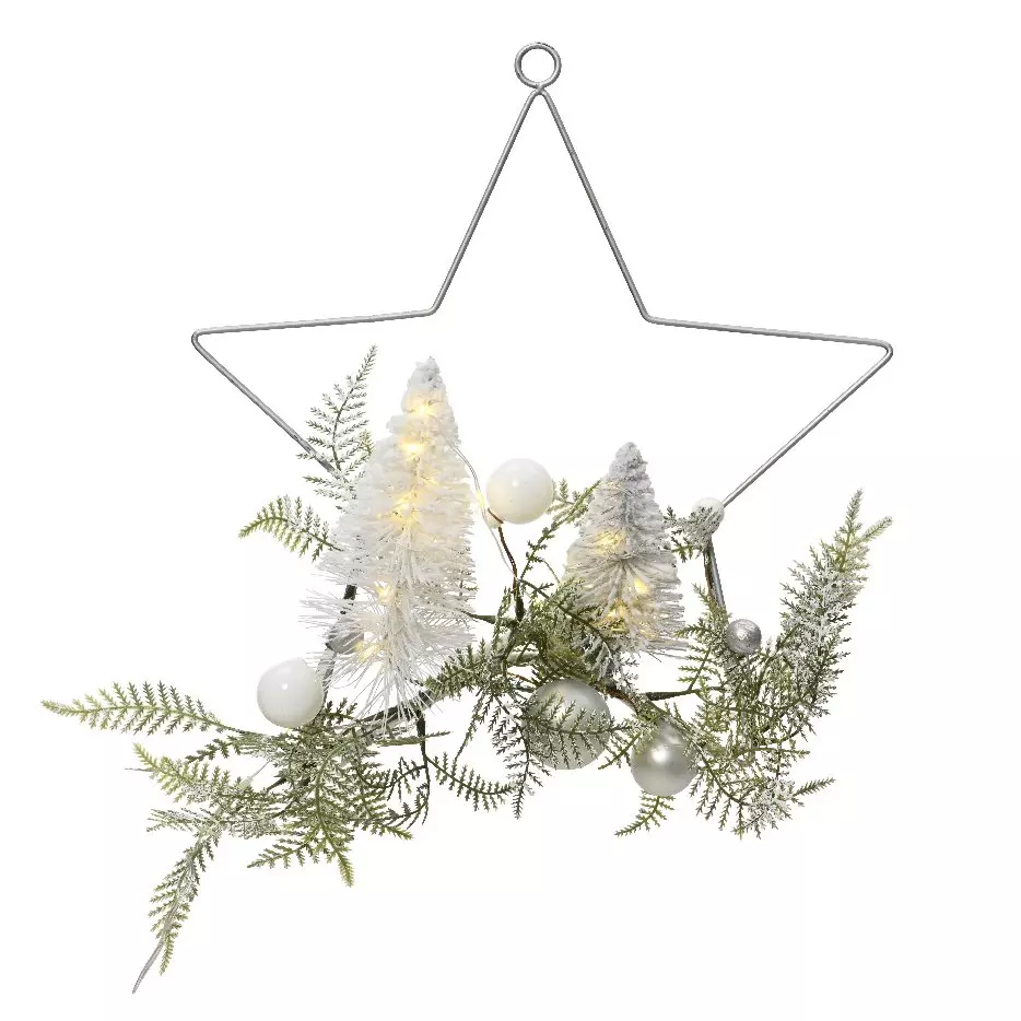 Kranz mit Lichtern in Sternform mit Tannen Silber 2