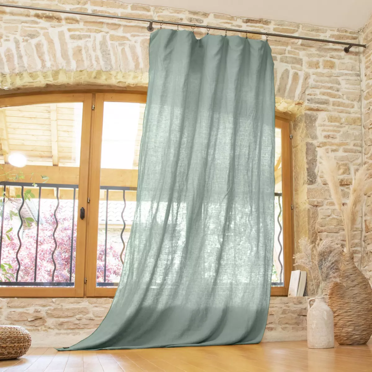 Rideau lin lavé ajustable (140 x max 270 cm) Louise Vert eucalyptus 1