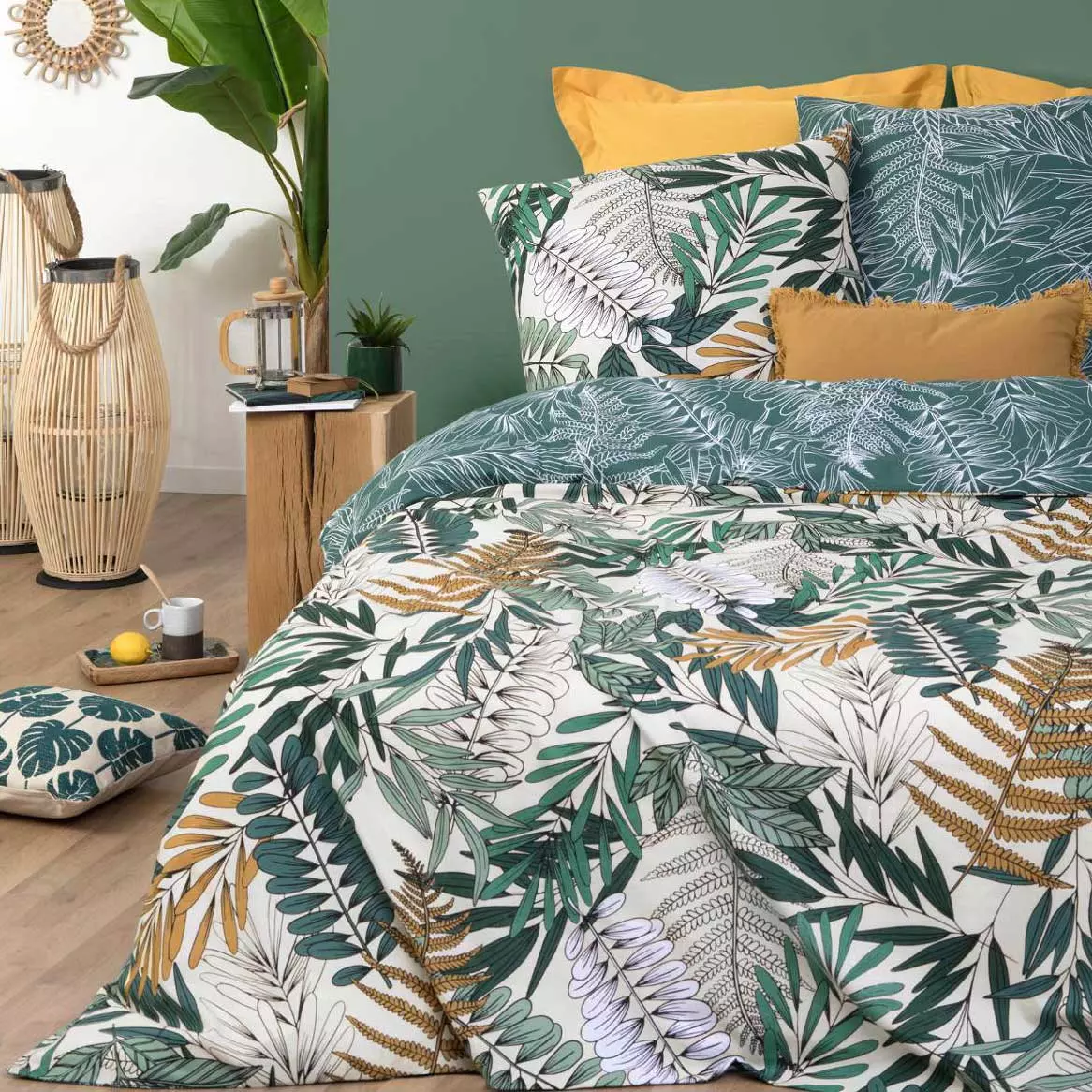 Funda nórdica y dos fundas para almohadones en algodón (240 cm) Tropik Verde 1