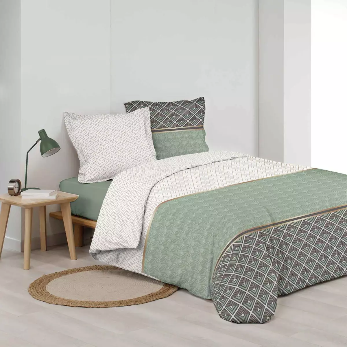 Housse de couette et deux taies percale de coton (260 cm) Belor Verte 3