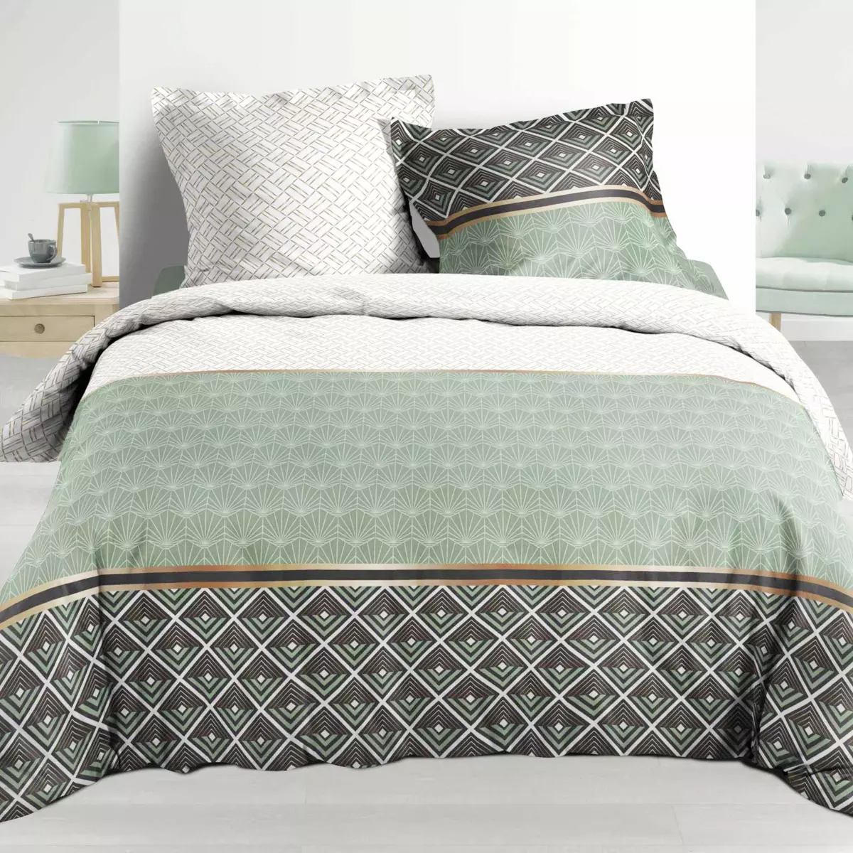 Housse de couette et deux taies percale de coton (240 cm) Belor Verte 1