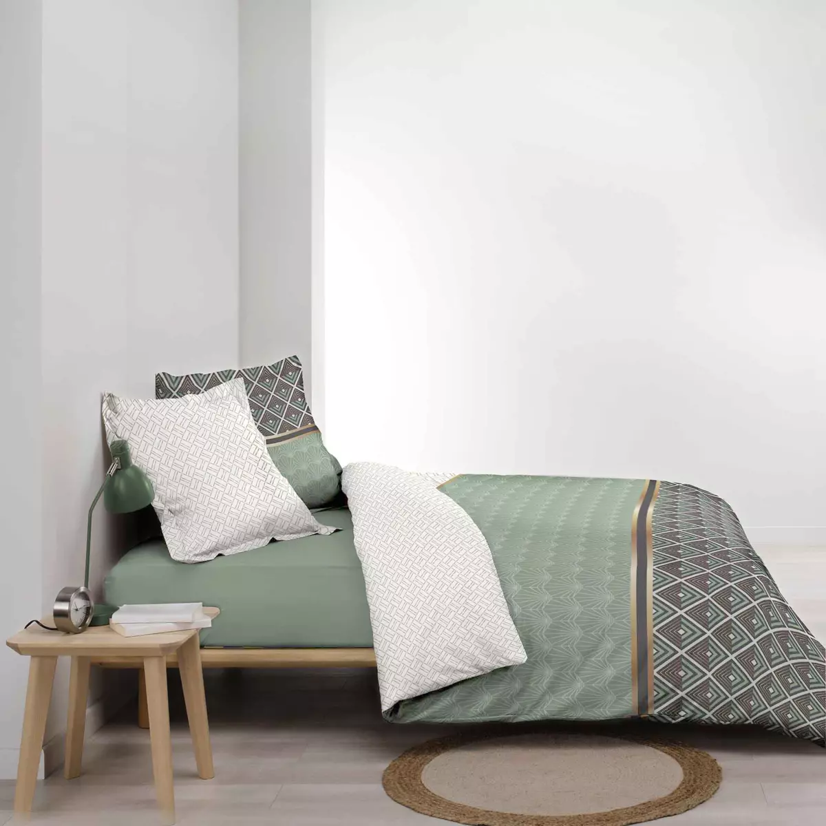 Housse de couette et deux taies percale de coton (240 cm) Belor Verte 2