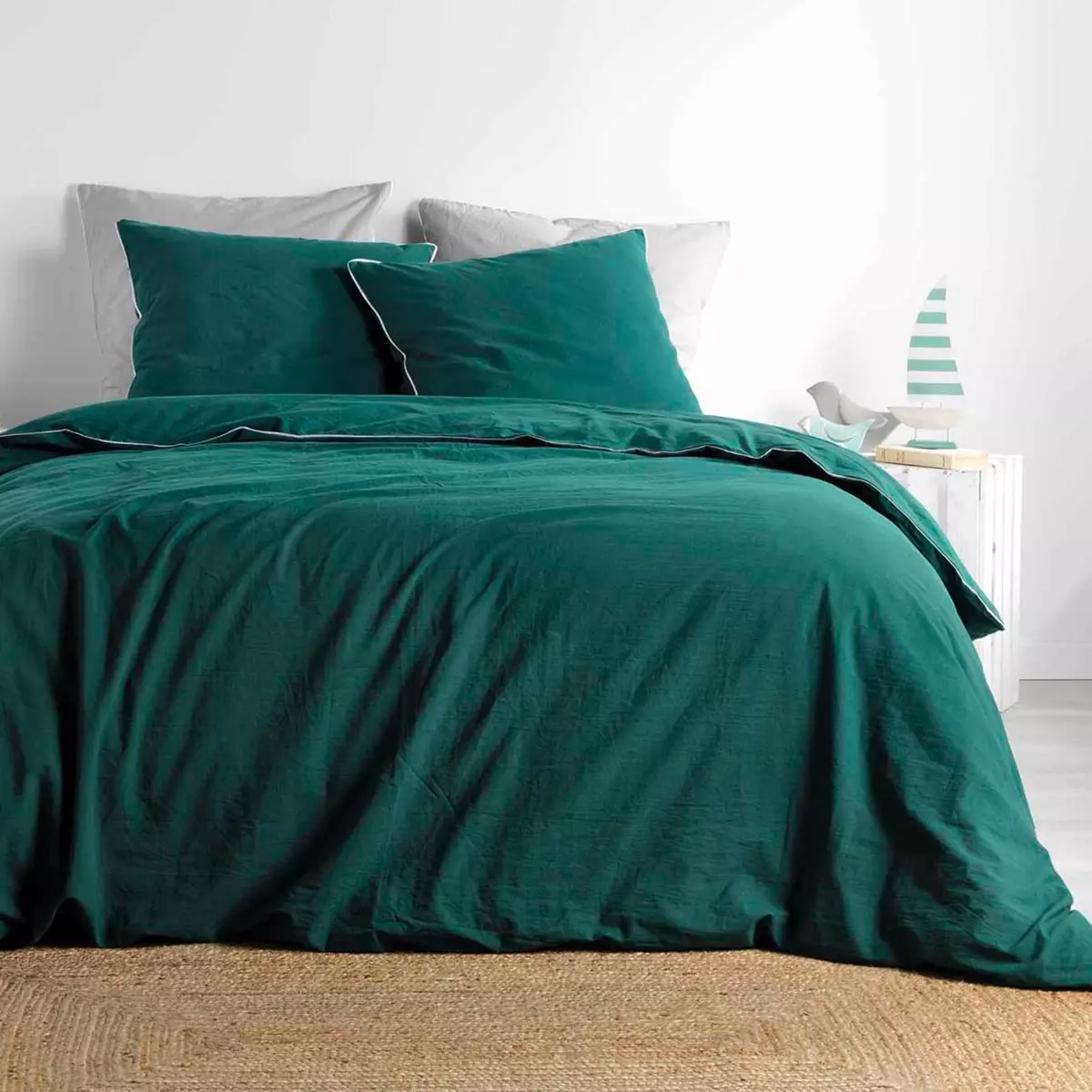 Housse de couette et deux taies coton lavé (240 cm) Linette Bleu pétrole 1