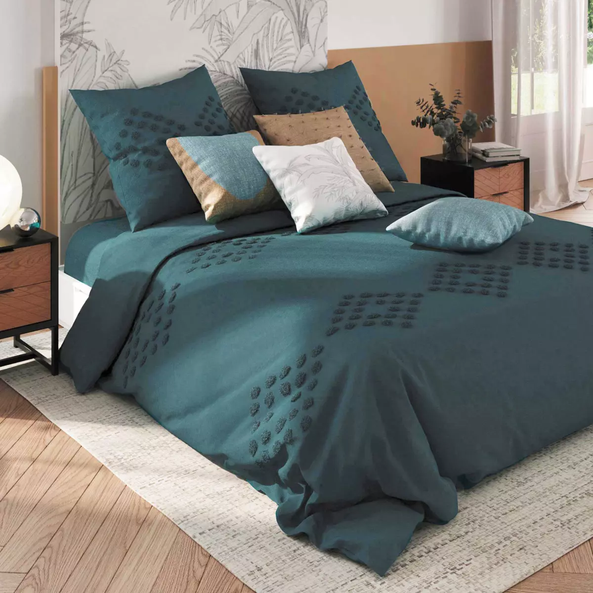 Funda nórdica y dos fundas para almohadones algodón lavado (260 cm) Moura Azul trullo 1