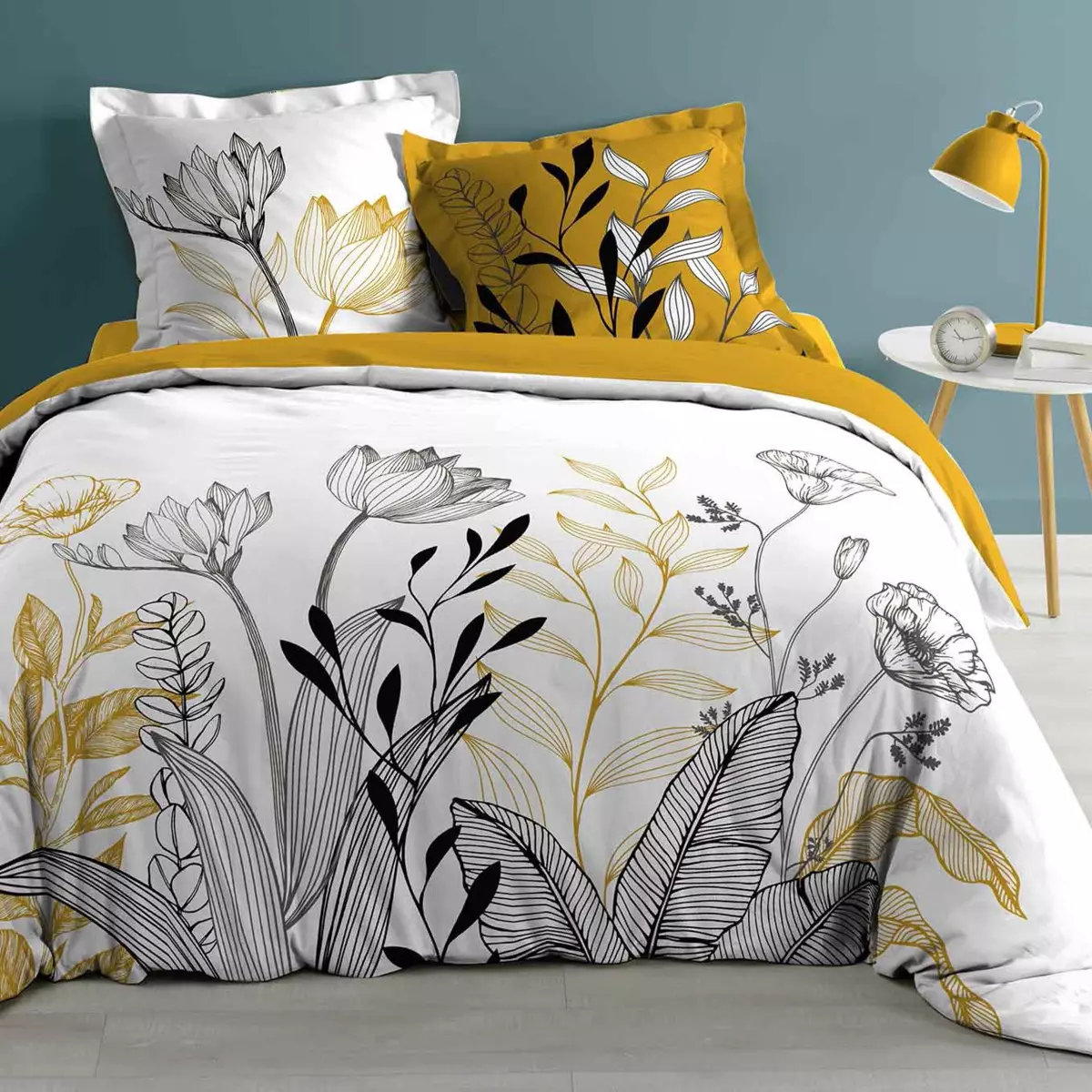 Housse de couette et deux taies coton (240 cm) Amelina Jaune 1