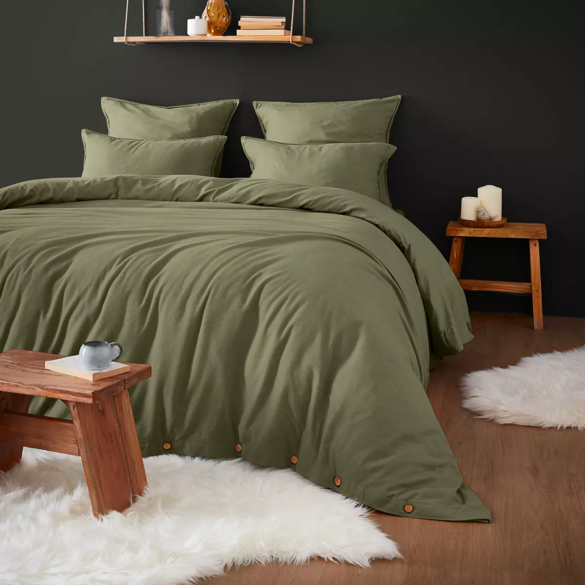 Housse de couette flanelle de coton (240 cm) Théa Vert romarin 1