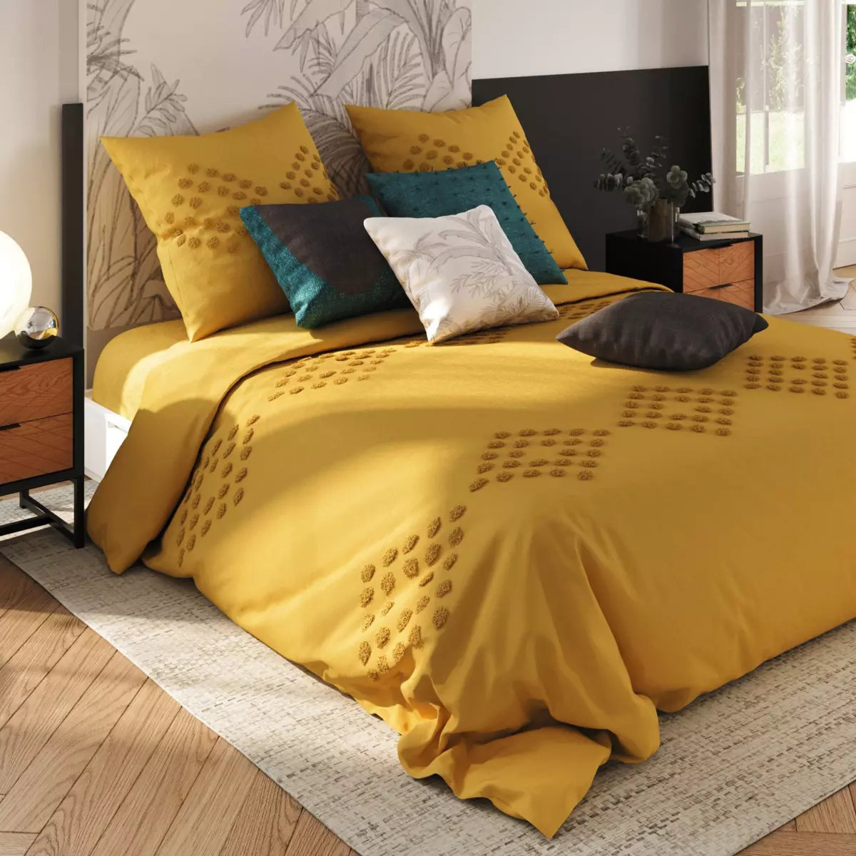 Housse de couette et deux taies coton lavé (260 cm) Moura Jaune ocre 1