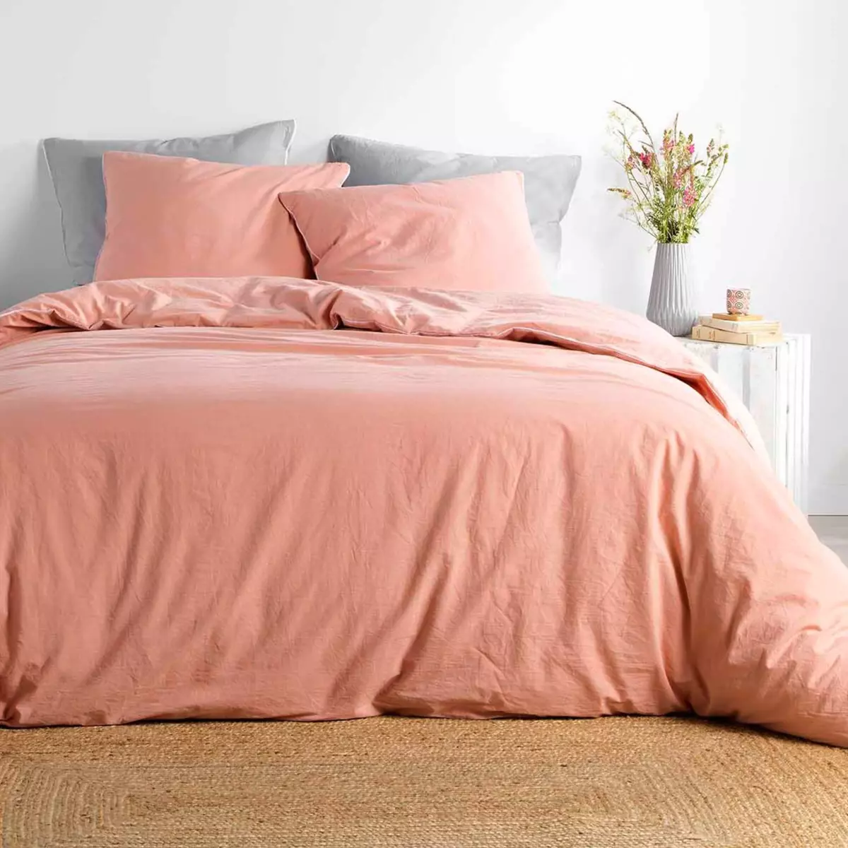 Housse de couette et deux taies coton lavé (240 cm) Linette Rose 1