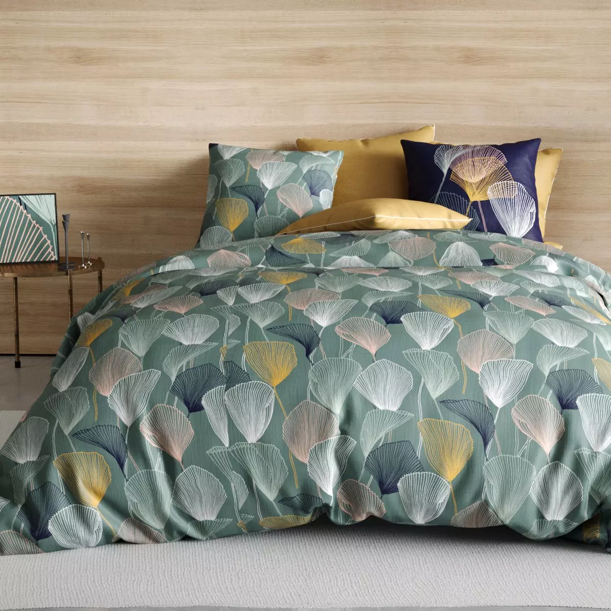 Housse de couette et deux taies coton (240 cm) Cottey Verte 1