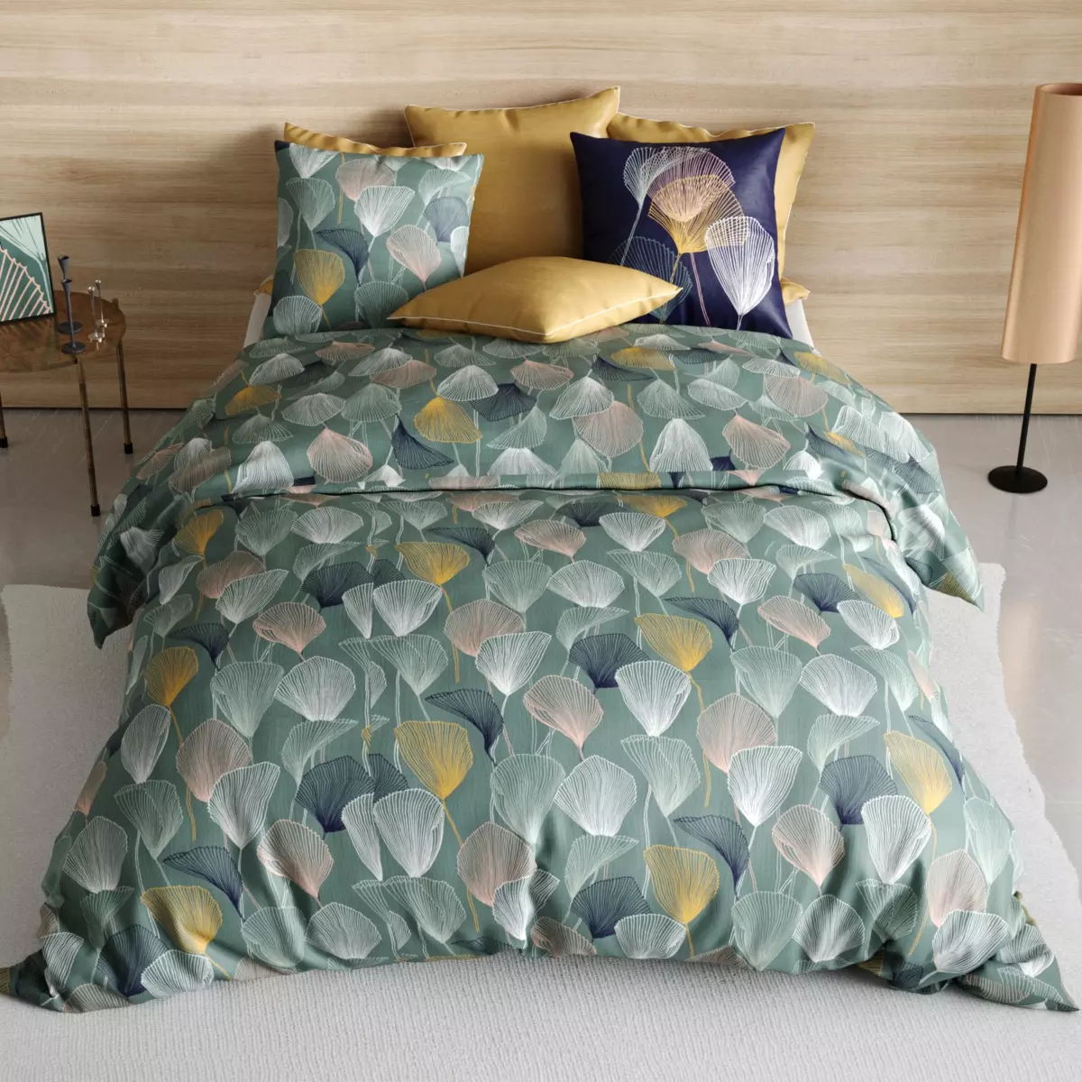 Housse de couette et deux taies coton (240 cm) Cottey Verte 2