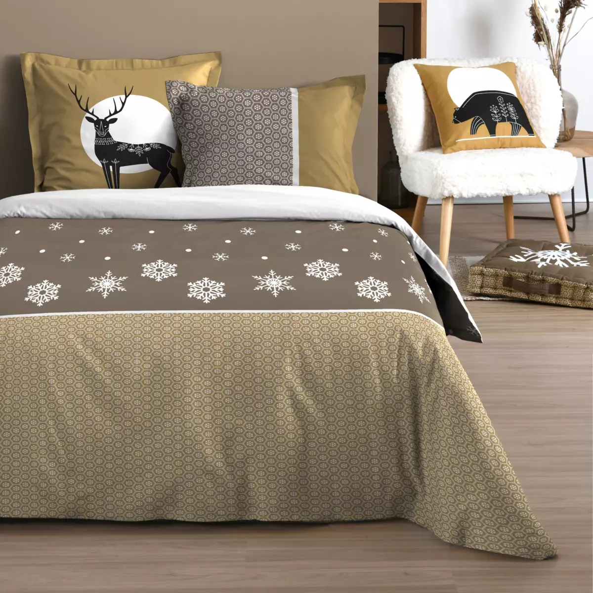 Housse de couette et deux taies coton (260 cm) Estrella Taupe 1