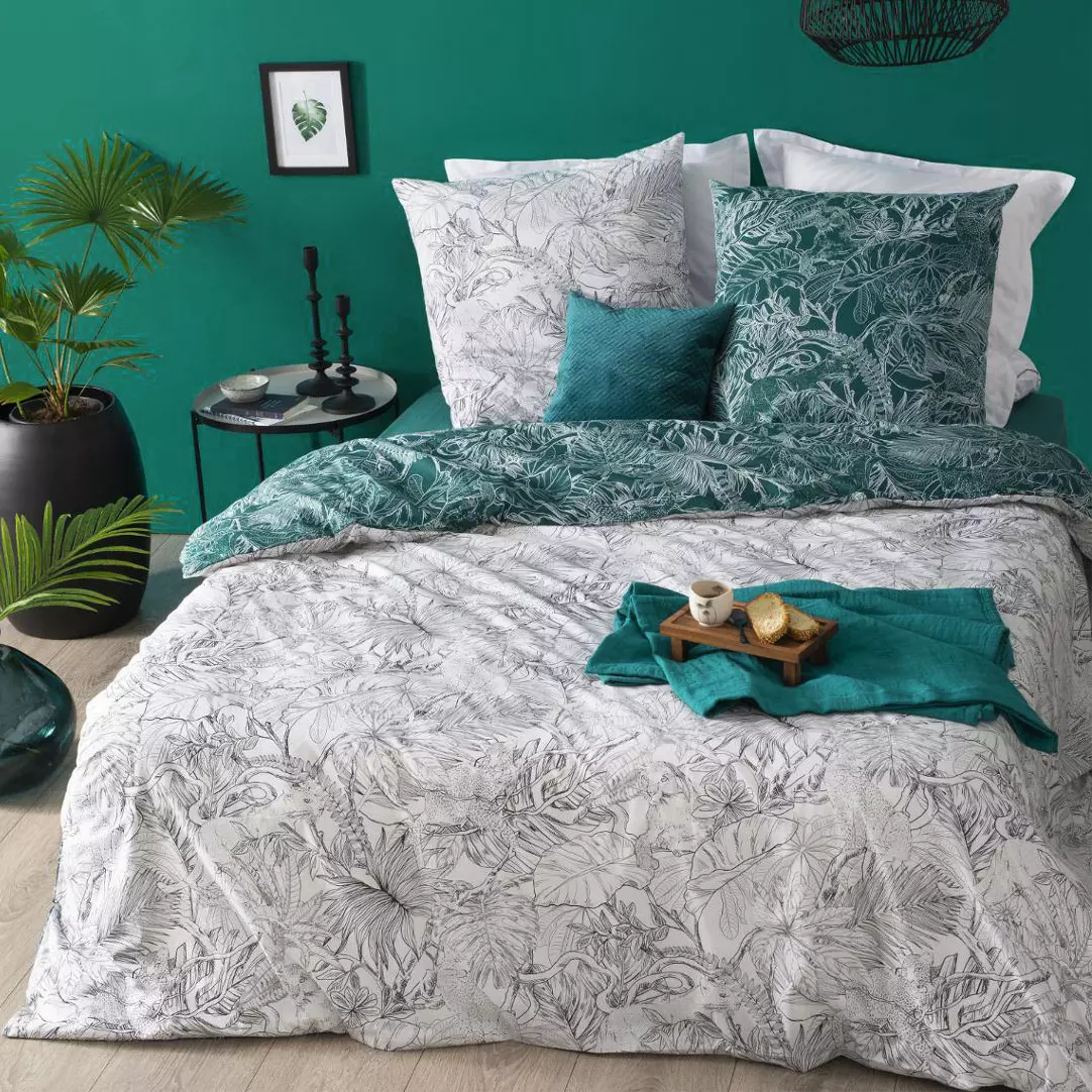 Housse de couette et deux taies coton (260 cm) Jungle Noire et Blanche 1