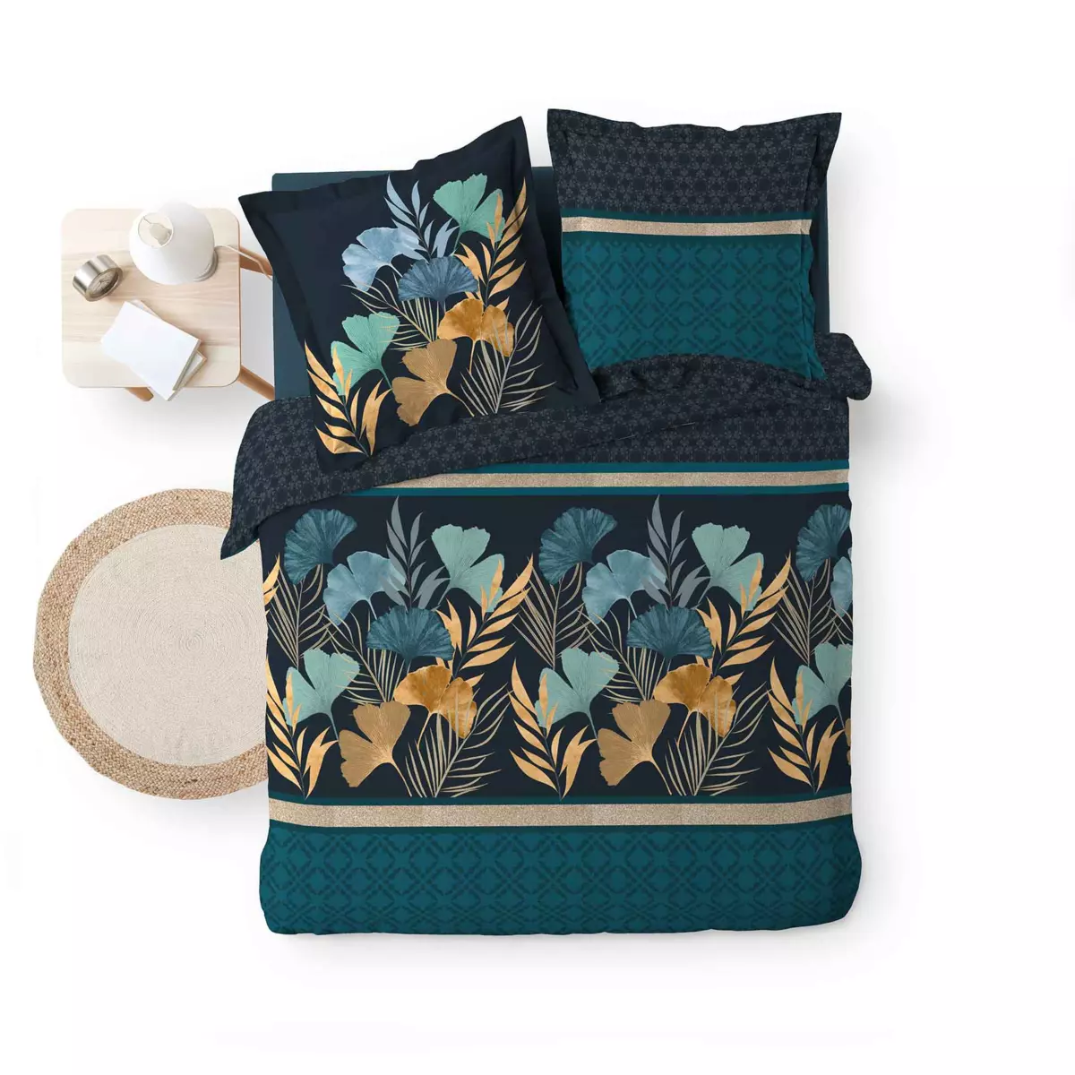 Housse de couette et deux taies percale de coton (240 cm) Blondy Bleue 4
