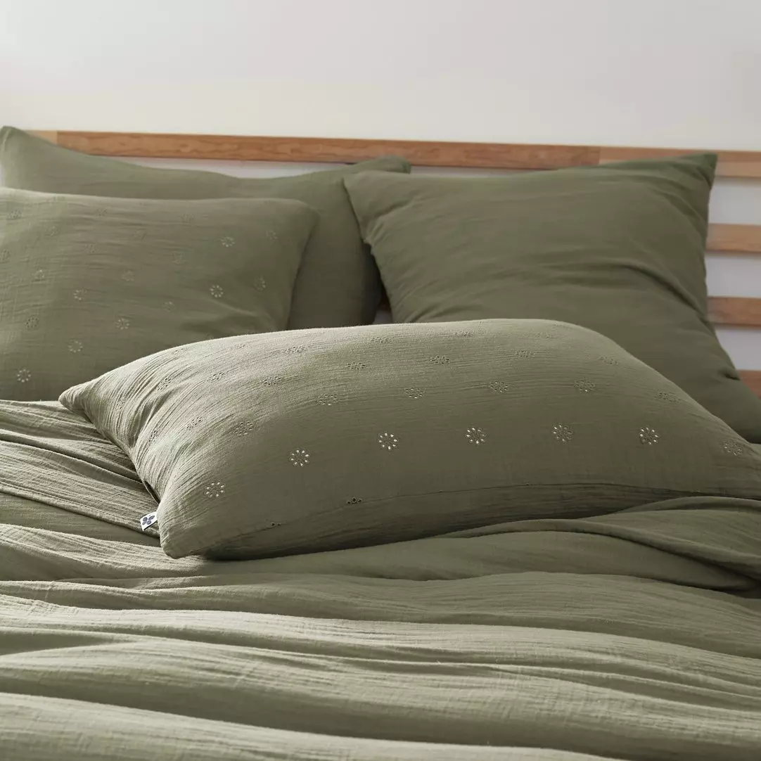 Taie d'oreiller rectangulaire gaze de coton (70 cm) Gaïa Boho Vert romarin 1