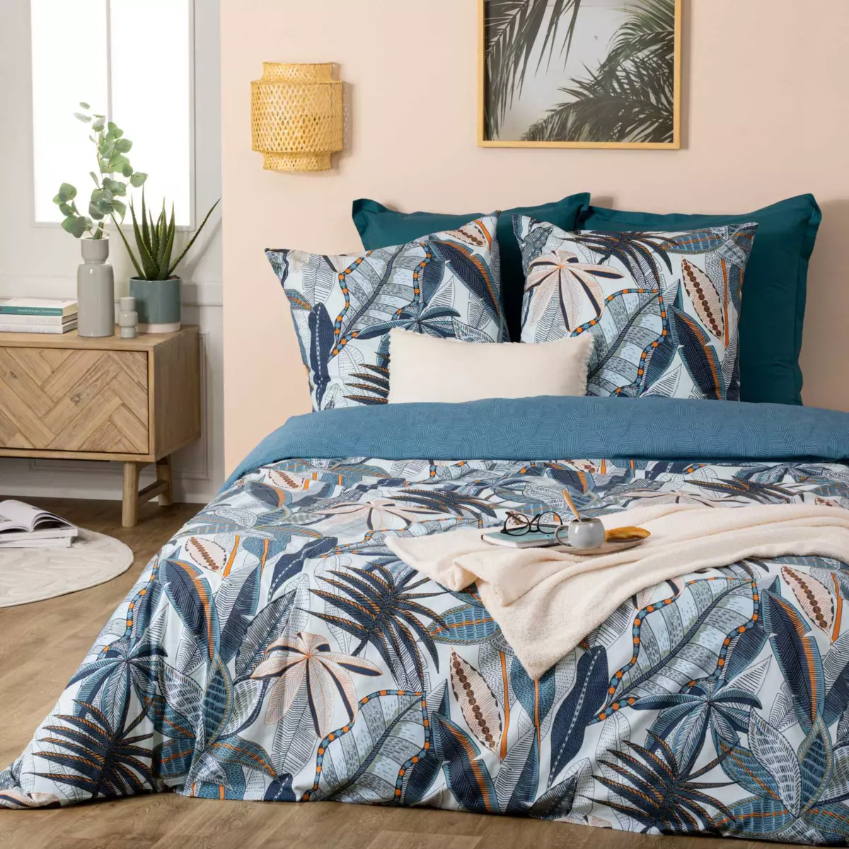 Copripiumino e due federe quadrate cotone (260 cm) Nikau Blu 1