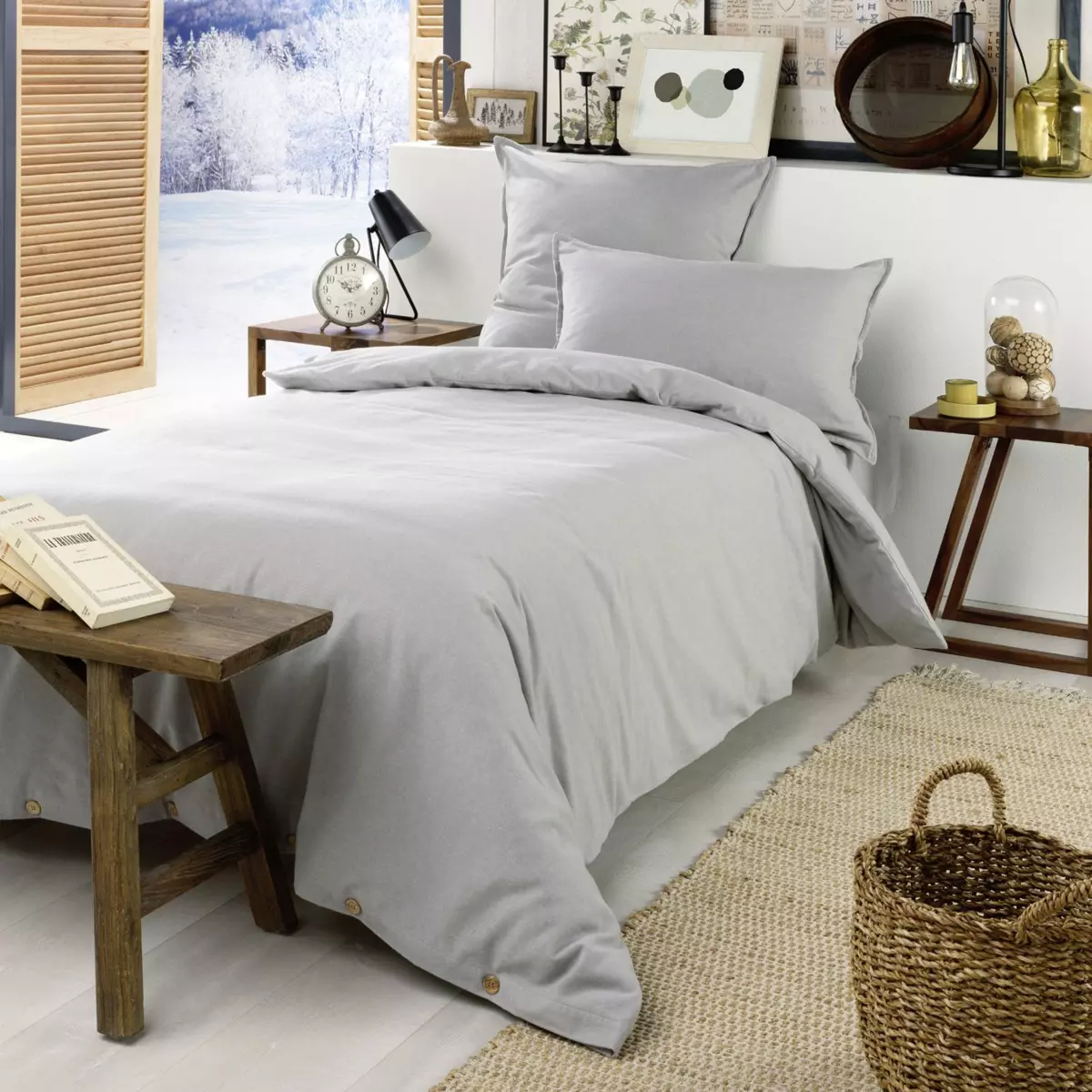 Housse de couette flanelle de coton (140 cm) Théa Gris clair 1