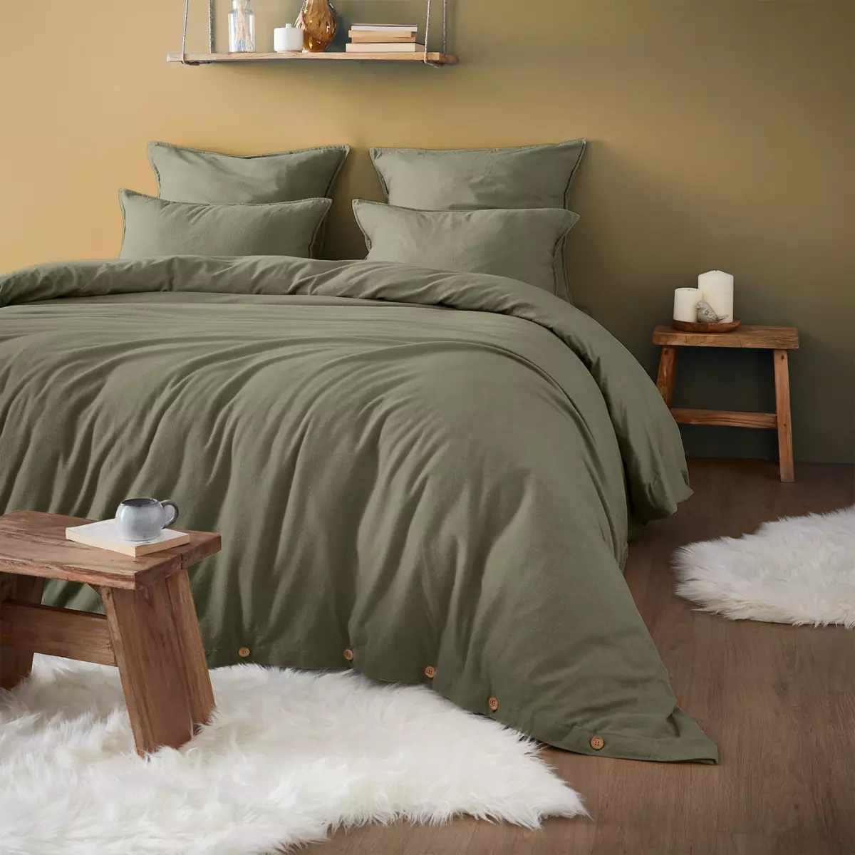 Drap housse flanelle de coton (180 cm) Théa Vert romarin 3