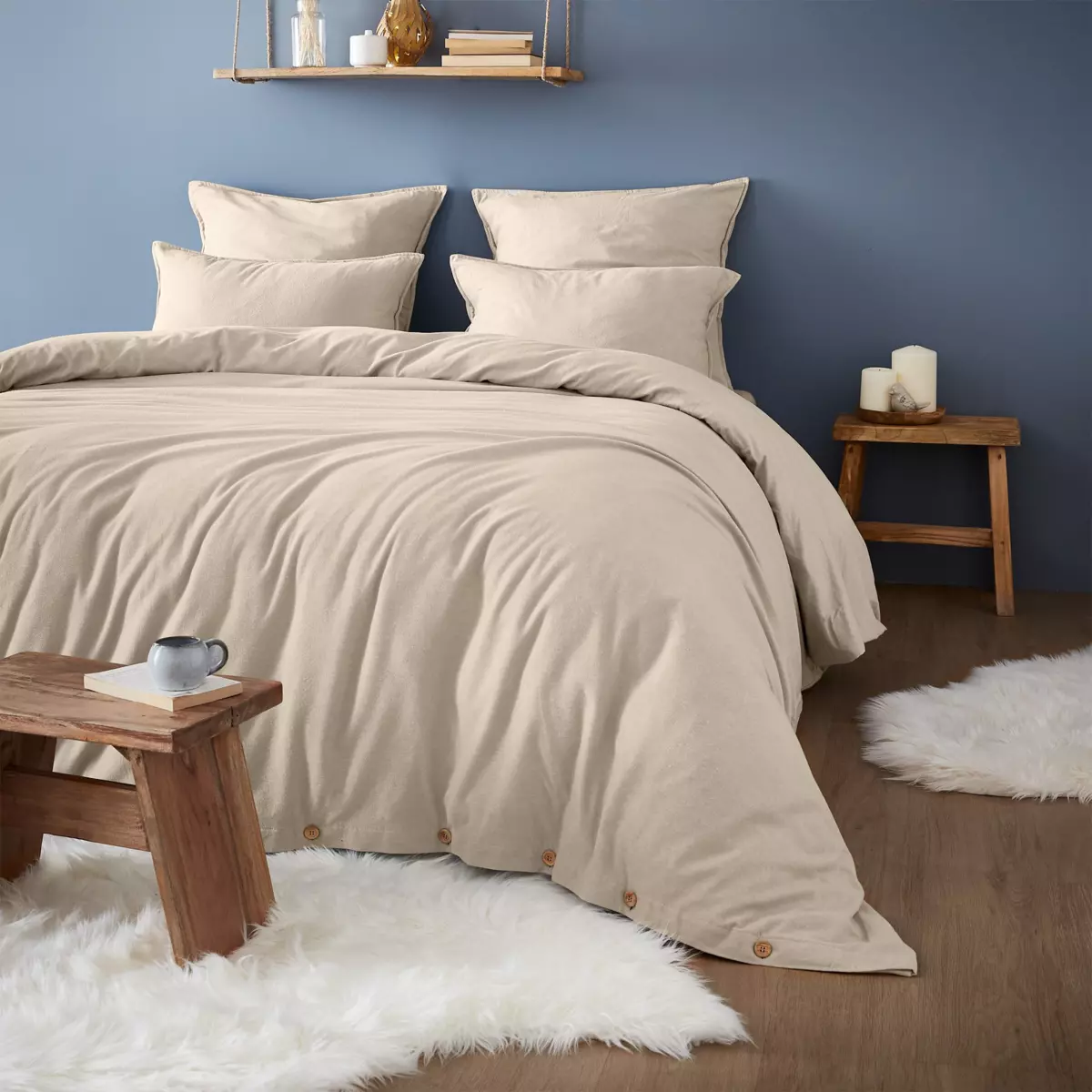 Drap housse flanelle de coton (180 cm) Théa Beige 3