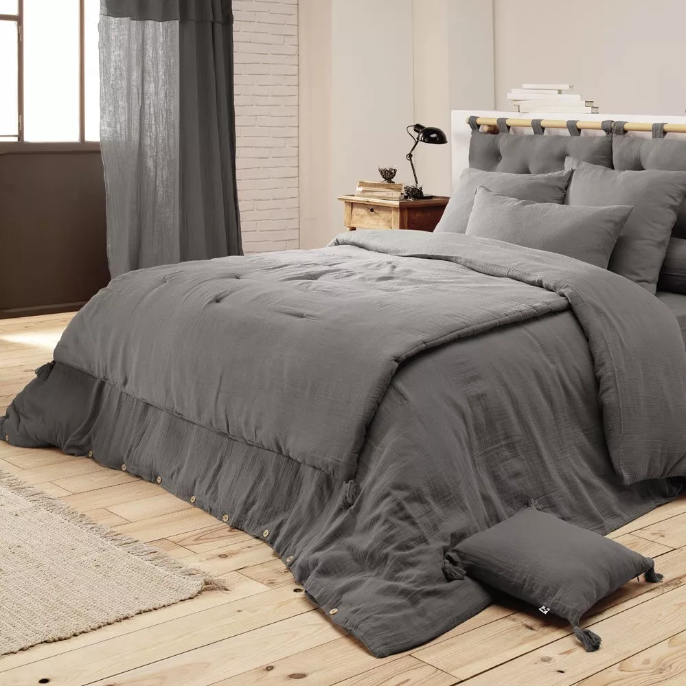 Cache-sommier Gaze de coton (180 x 200 cm) Gaïa Gris granit 3