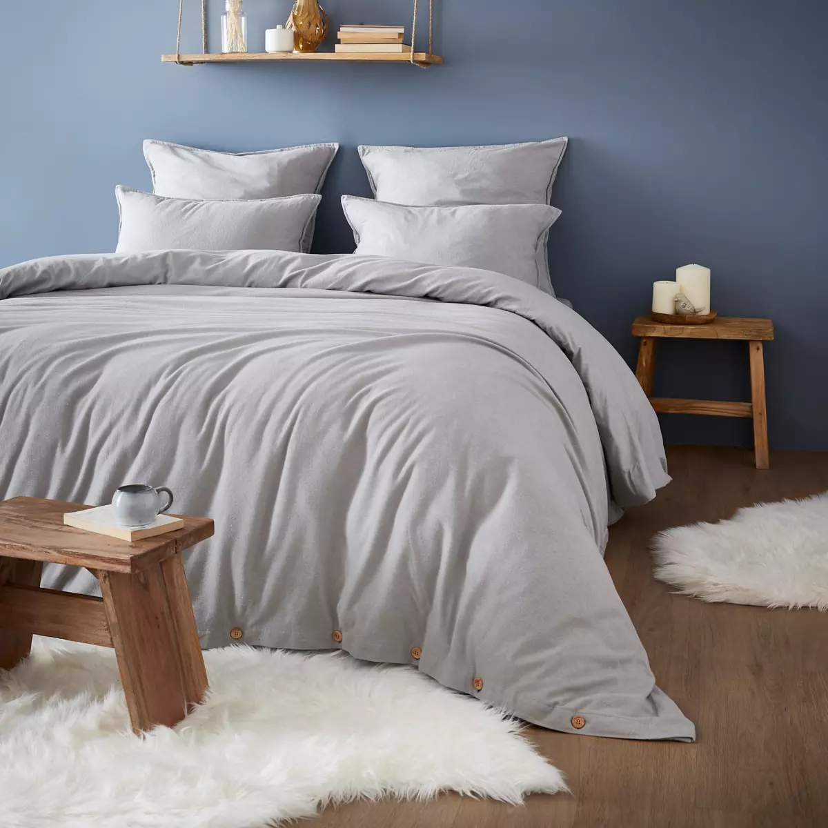 Drap housse flanelle de coton (140 cm) Théa Gris clair 3