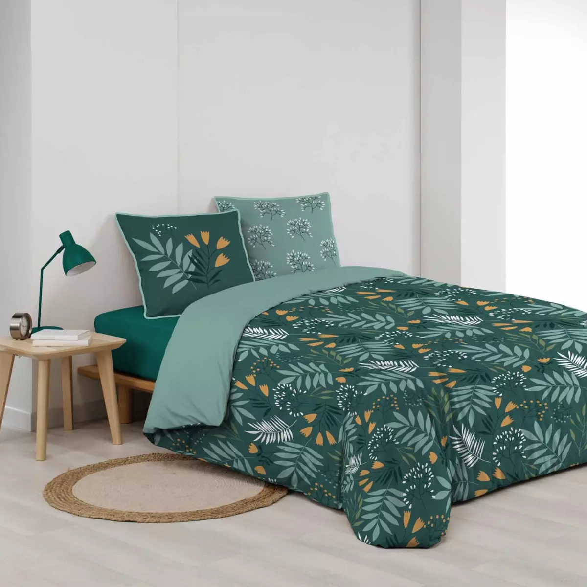 Housse de couette et deux taies coton bio (240 cm) Clémence Verte 2