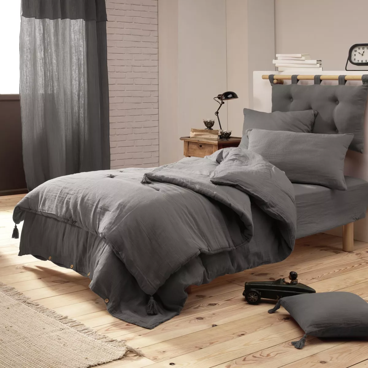 Cache-sommier Gaze de coton (90 x 190 cm) Gaïa Gris granit 3