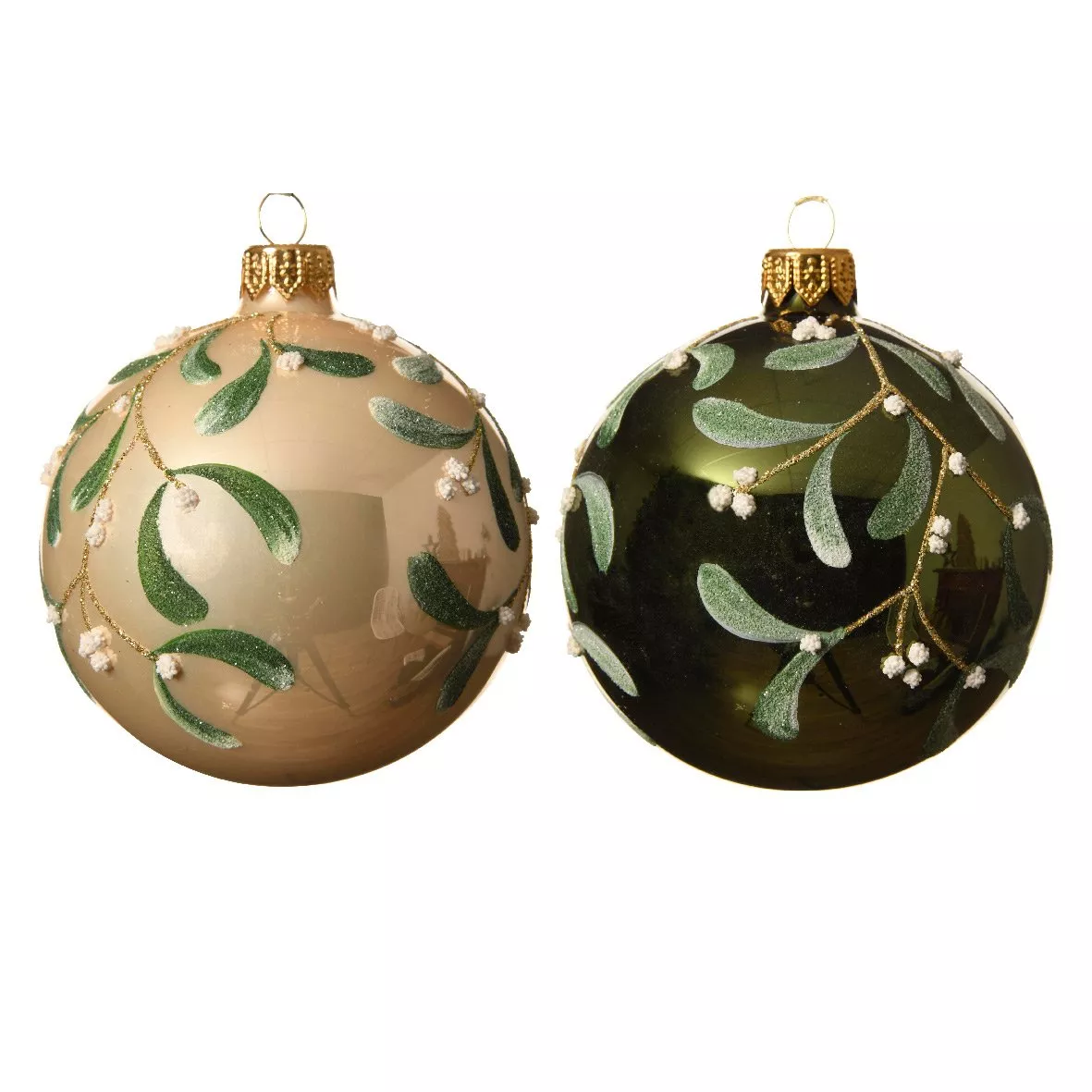 6er set Weihnachtskugeln aus Glas (D80 mm) Fleurs de gui Perlweiß  1