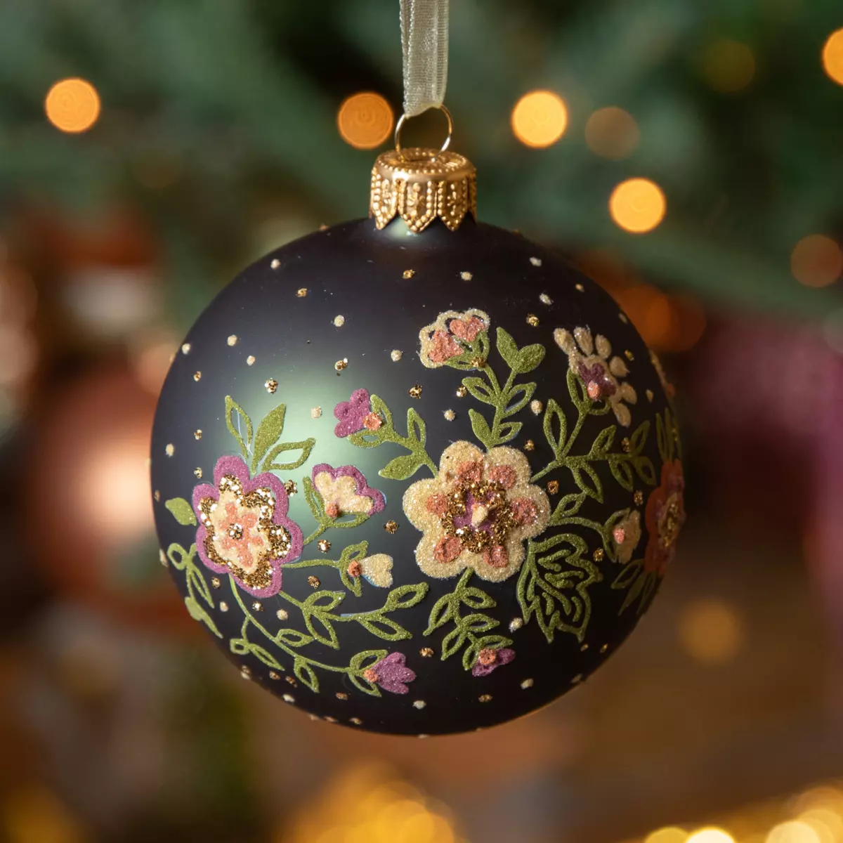 Confezione di 6 palline di Natale (D80 mm) in vetro Bouquet Verde abete 1