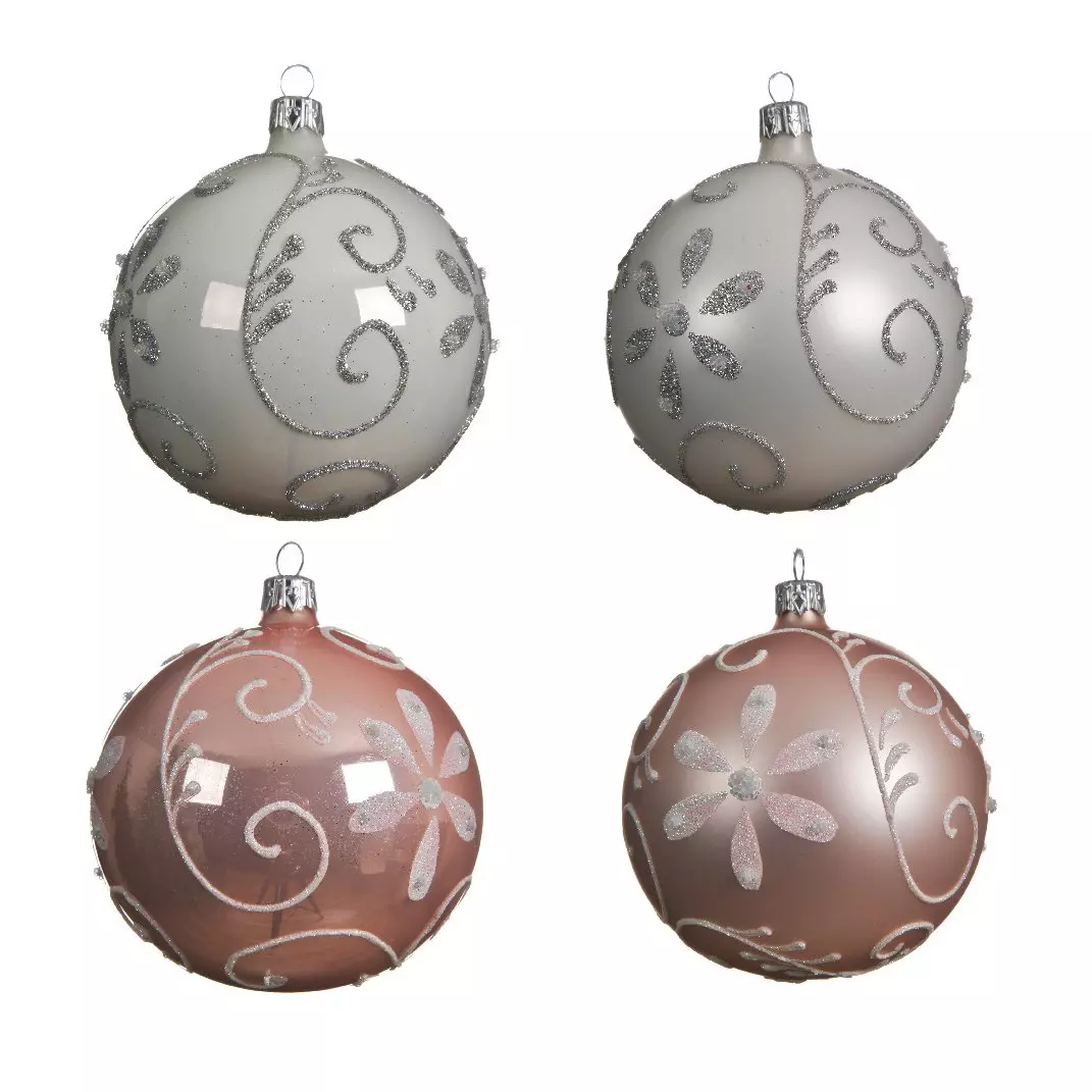 Lotto di 4 palline di Natale di vetro (D100 mm) Floris Blanc/ Rosa 1