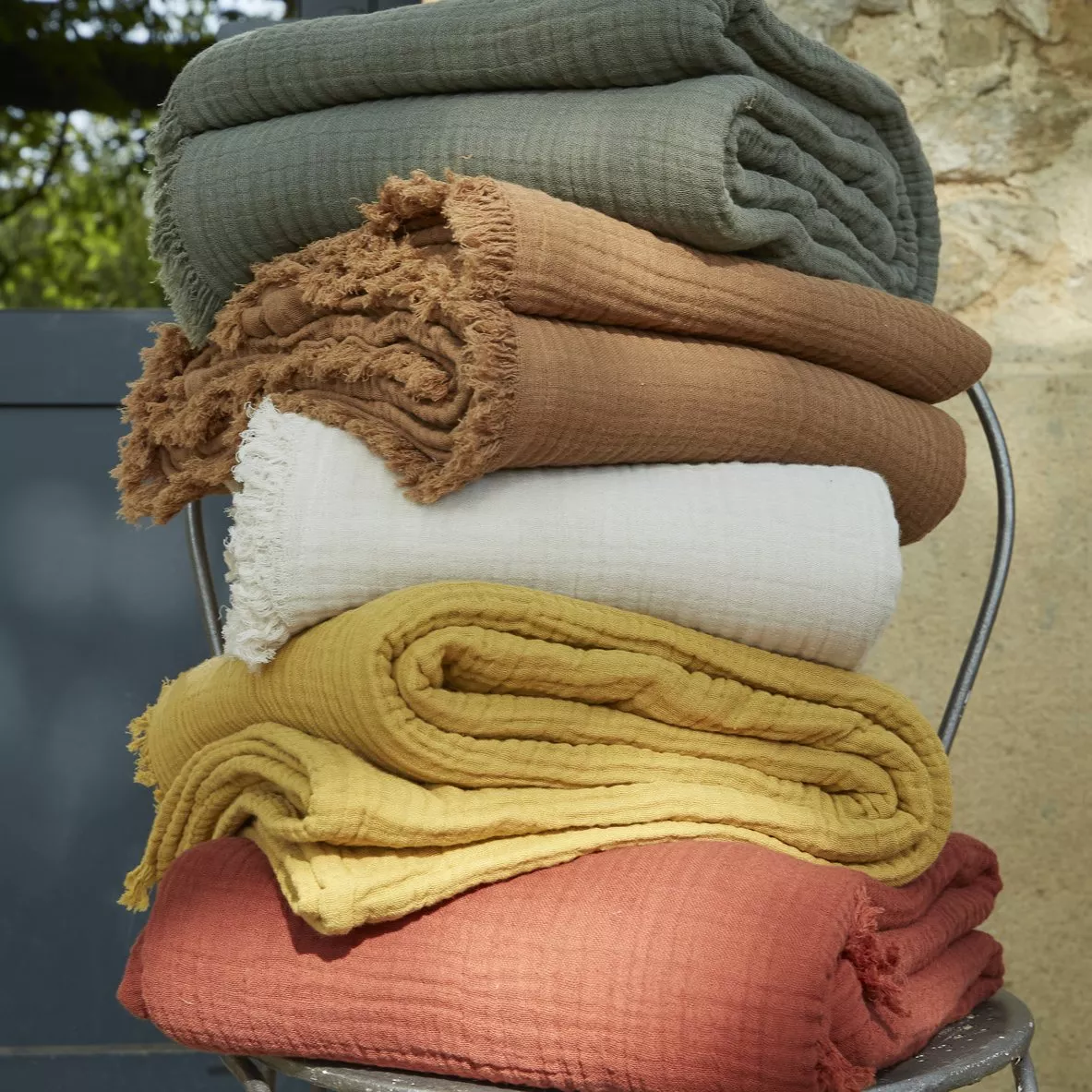 Manta en gasa de algodón (160 cm) Gaïa Verde romero