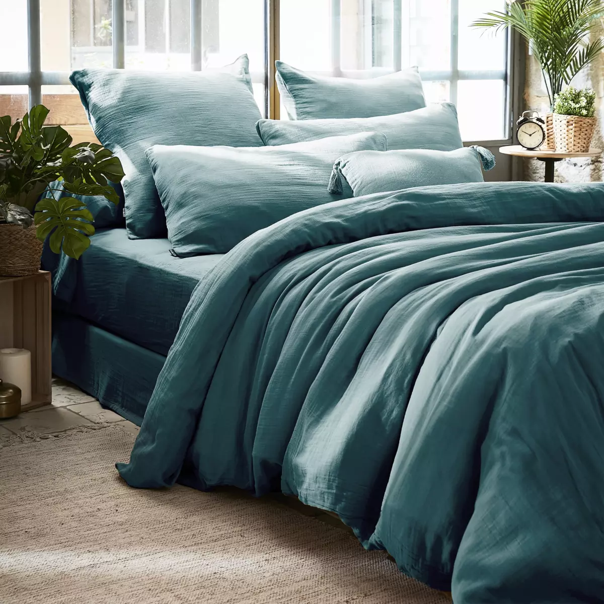 Housse de couette gaze de coton (280 cm) Gaïa Bleu canard 1