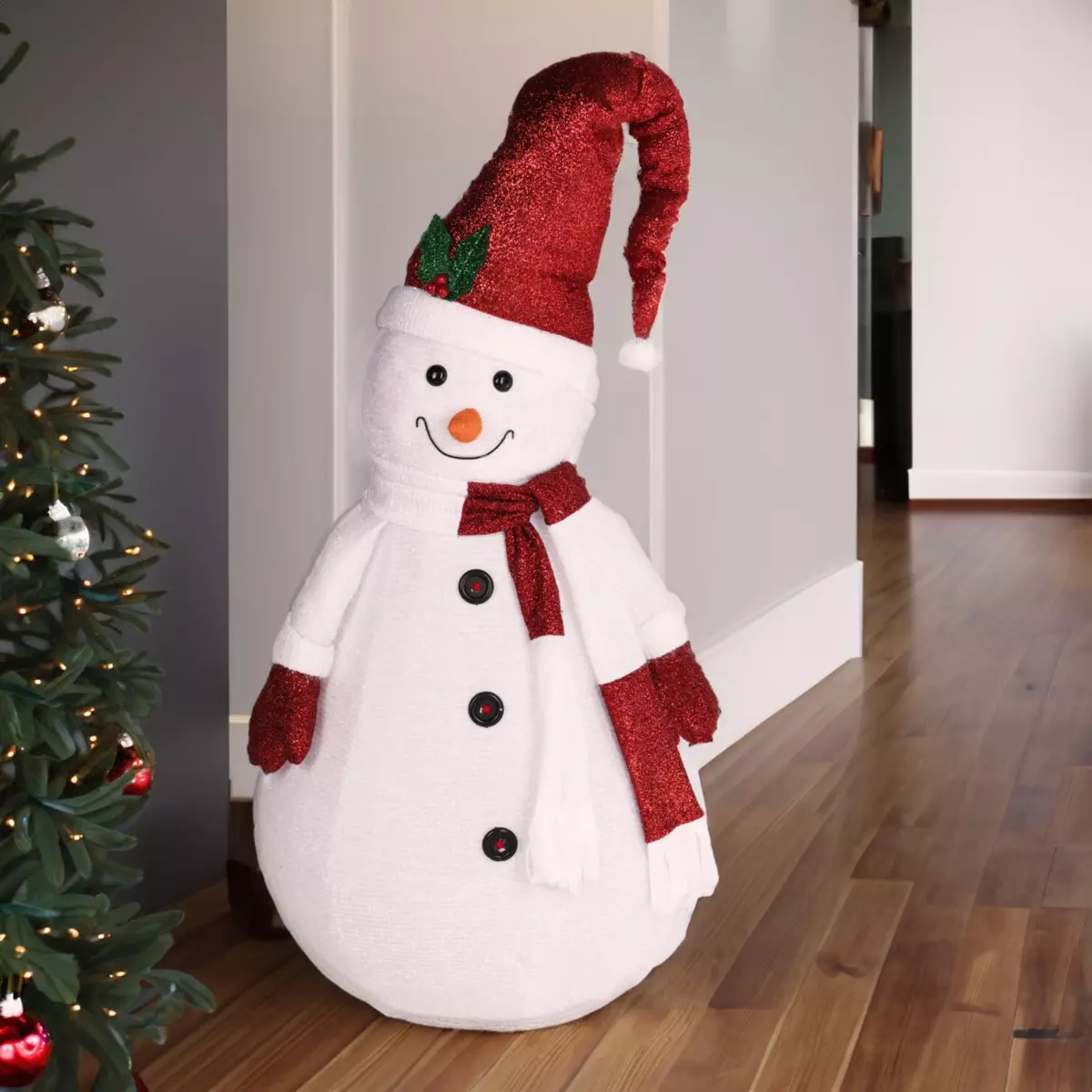 Pupazzo di neve pieghevole luminoso a pile H140 cm rosso
 2