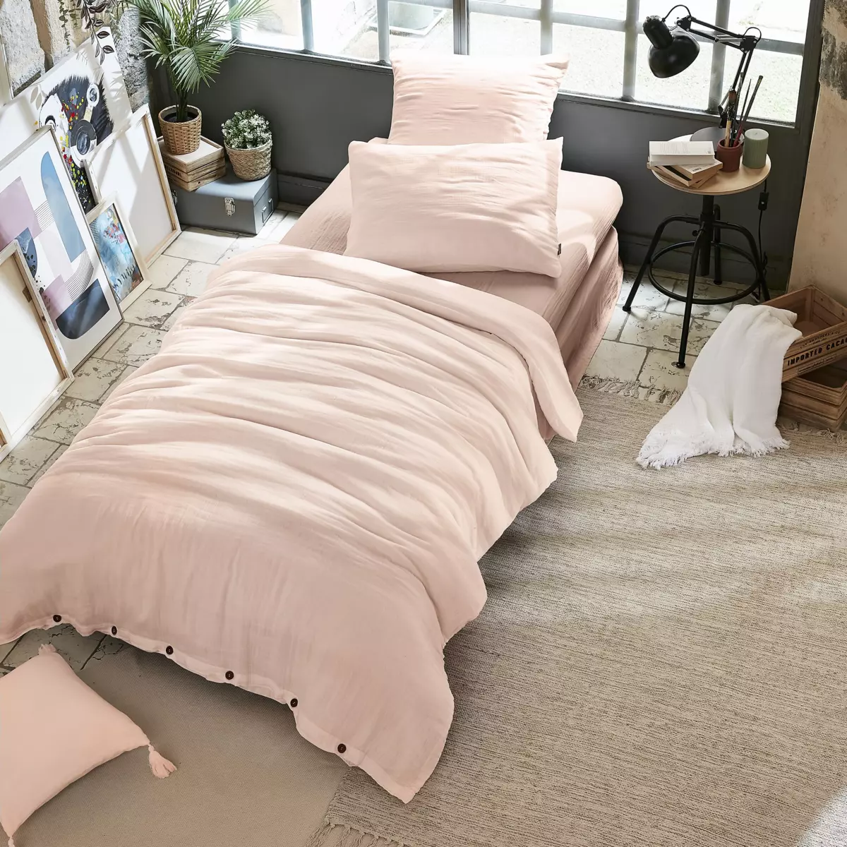 Housse de couette gaze de coton (140 cm) Gaïa Rose poudré 1