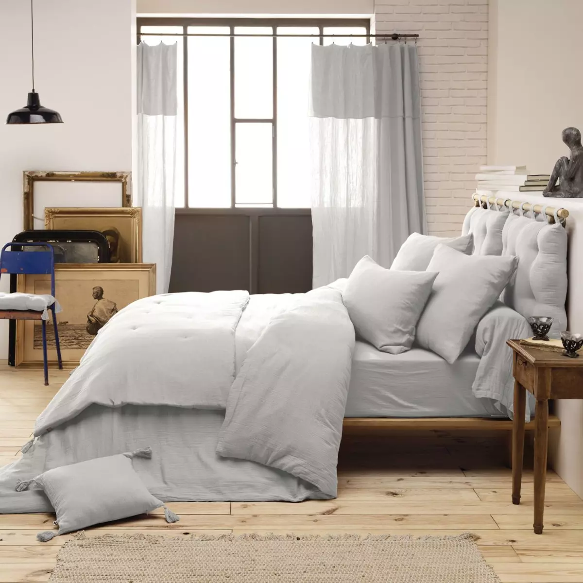 Drap housse gaze de coton (180 cm) Gaïa Gris nuage 2