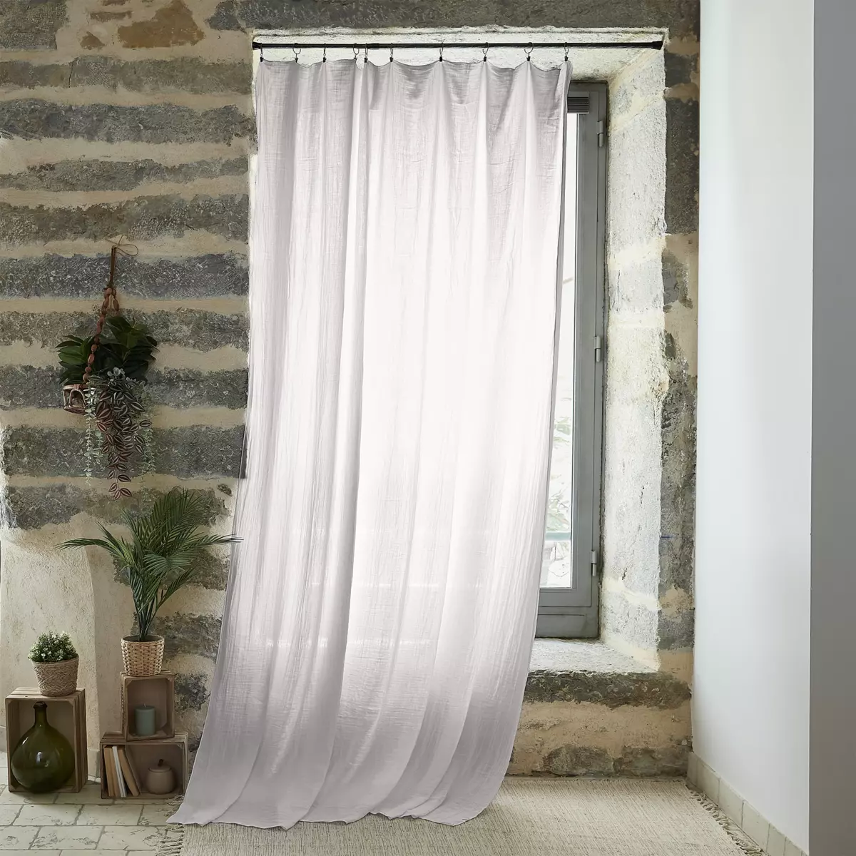 Rideau gaze de coton ajustable (140 x max 300 cm) Gaïa Gris nuage