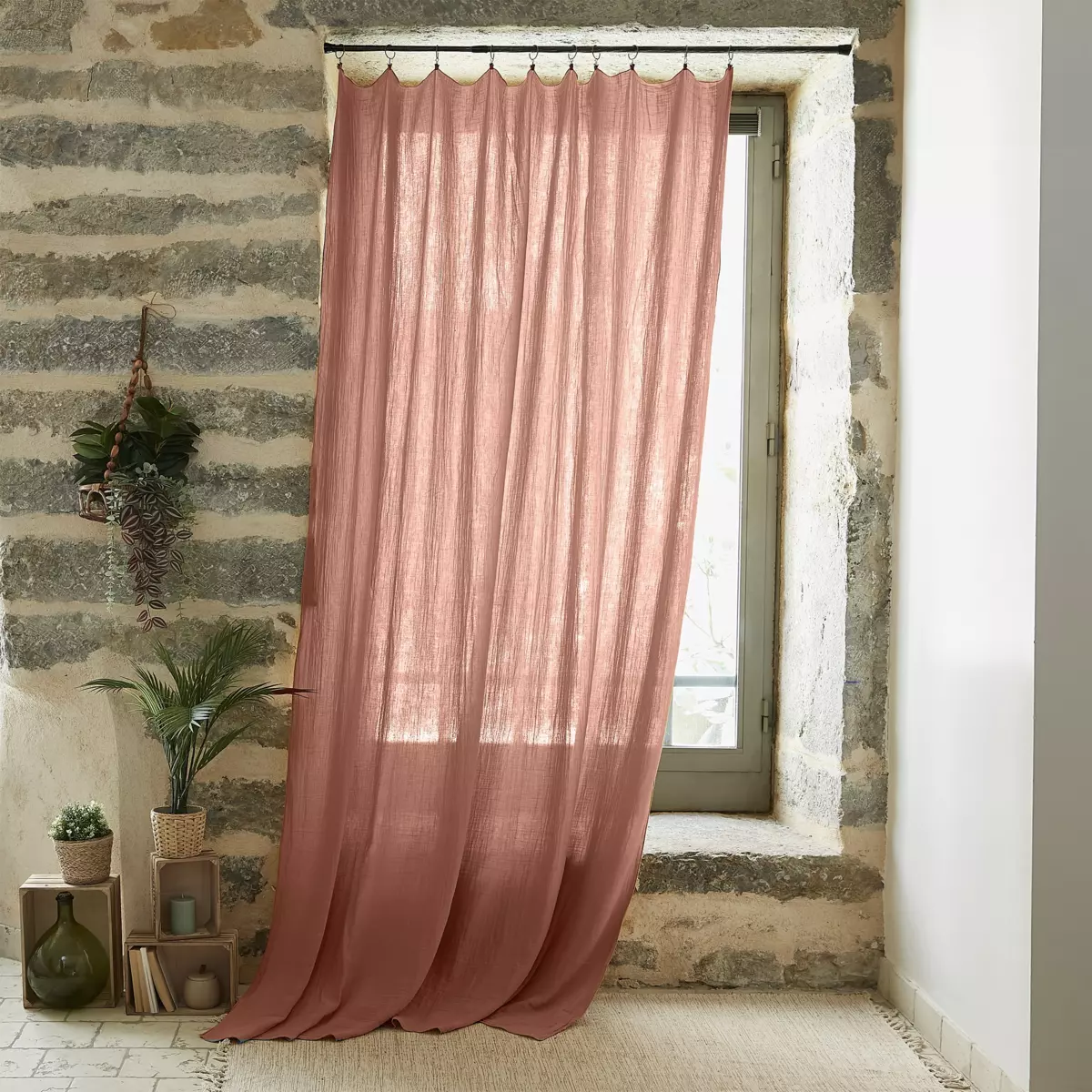 Rideau gaze de coton ajustable (180 x max 300 cm) Gaïa Rose pêche