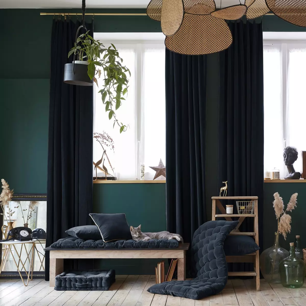 Rideau velours de coton ajustable (140 x max 270 cm) César Bleu nuit 1