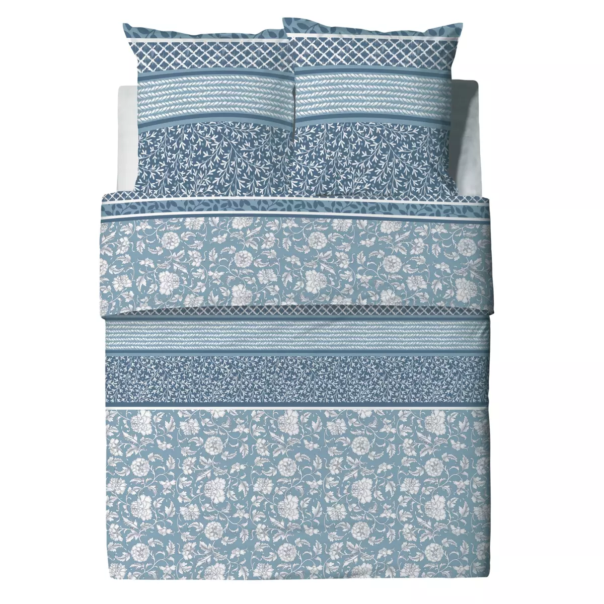 Housse de couette et deux taies coton bio (240 cm) Debby Bleue