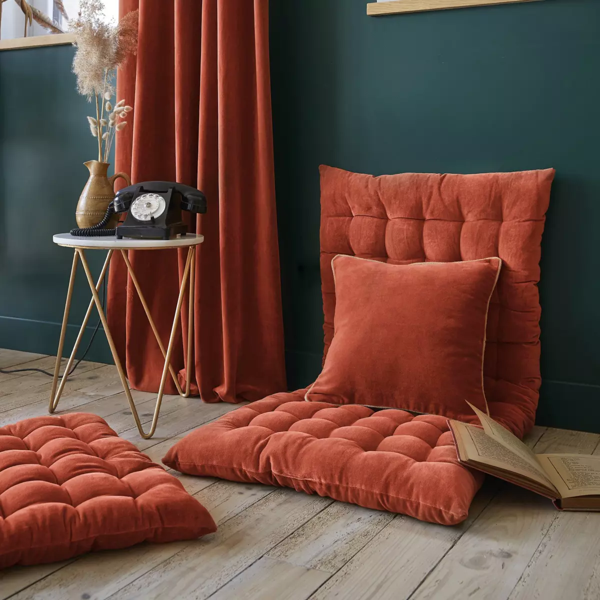 Coussin carré velours de coton (45 cm) César Terracotta 2