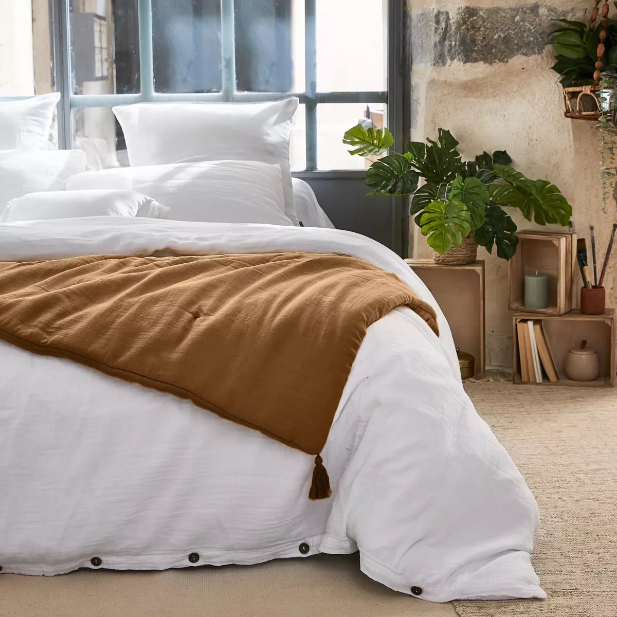 Camino de cama edredón gasa de algodón (150 x 150 cm) Gaïa Camel 1